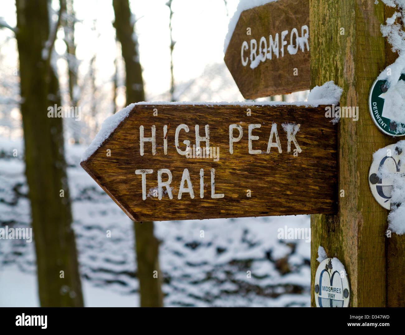 En bois recouvert de neige en direction de l'hiver sur la piste de crête élevée près de Cromford Derbyshire Dales England UK Peak District Banque D'Images