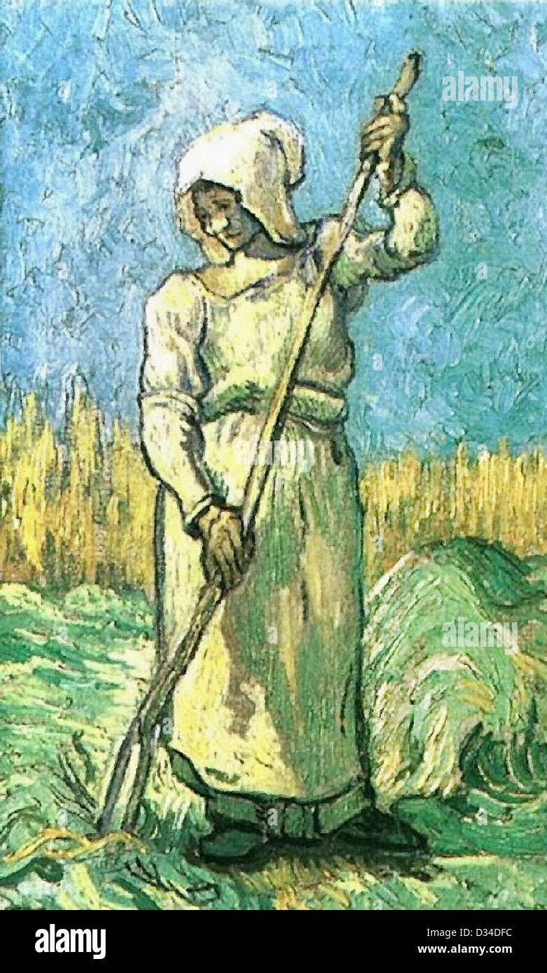Vincent van Gogh, paysanne avec un râteau après le mil. 1889. Le postimpressionnisme. Huile sur toile. Banque D'Images