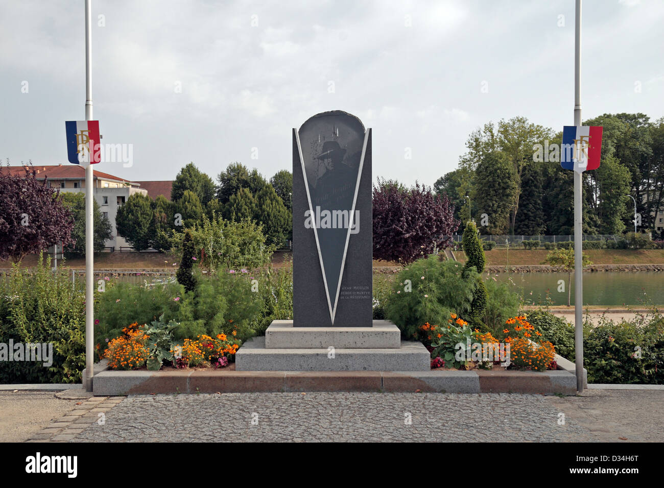 Mémorial Jean Moulin (un héros de la Résistance française pendant la Seconde Guerre mondiale) dans la région de Château-Thierry, France. Banque D'Images