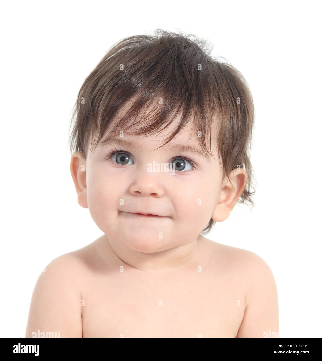Bebe Souriant Et Attentif A Regarder Avec Un Gros Yeux Gris Sur Fond Blanc Fond Isole Photo Stock Alamy