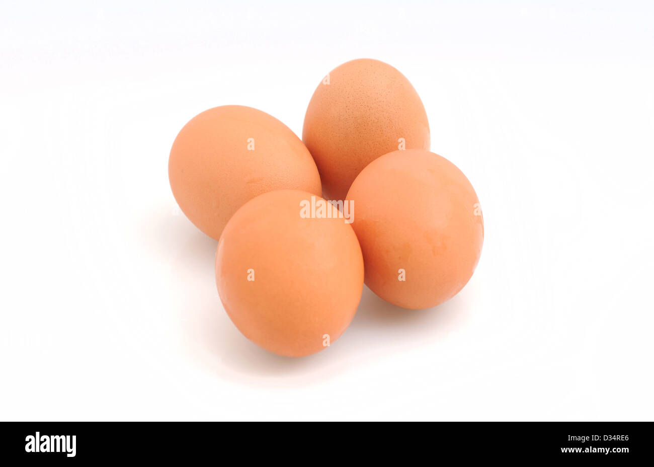 Quatre œufs brun organique sur fond blanc Banque D'Images
