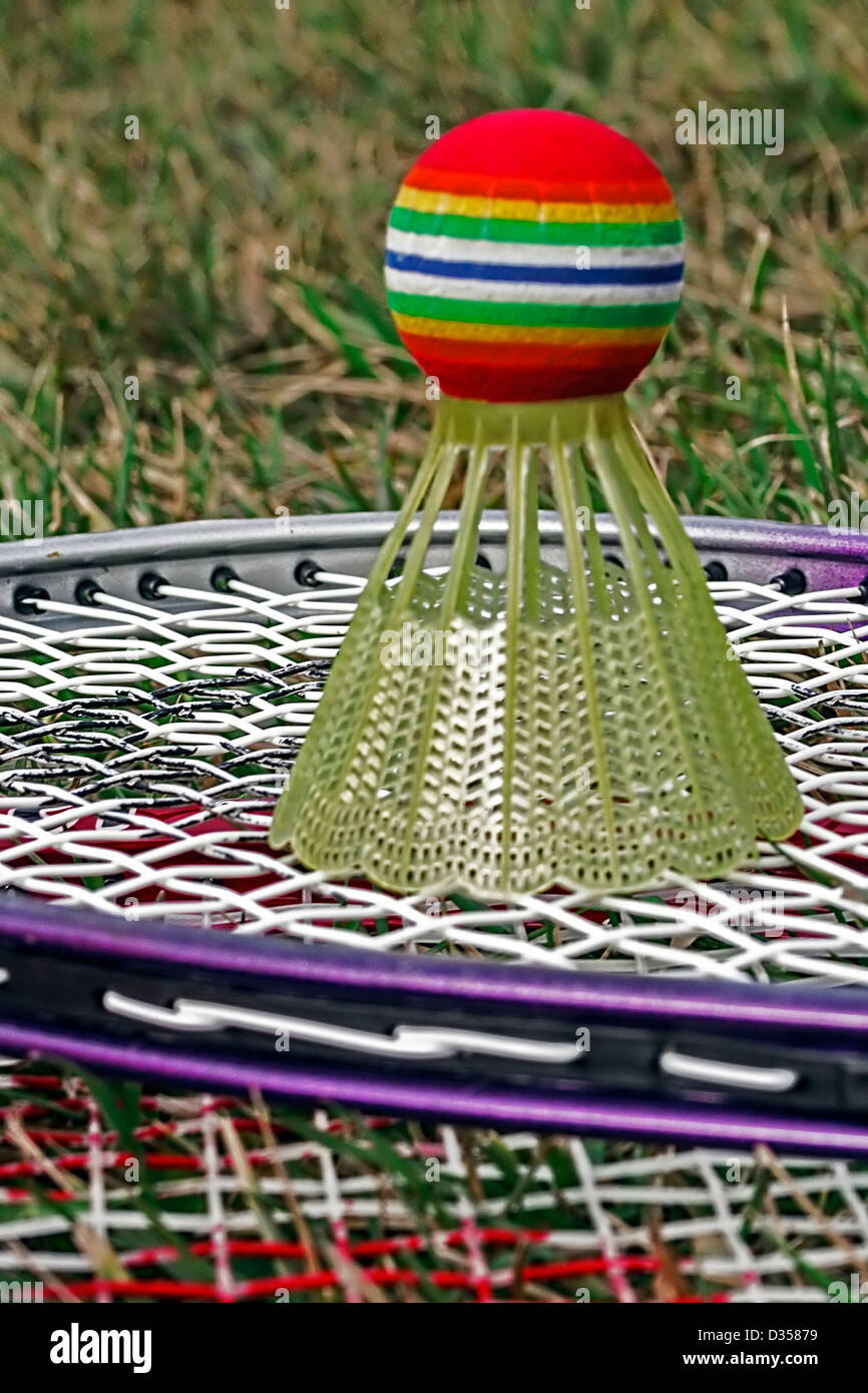 Raquettes de badminton et volant placé sur l'herbe. Banque D'Images