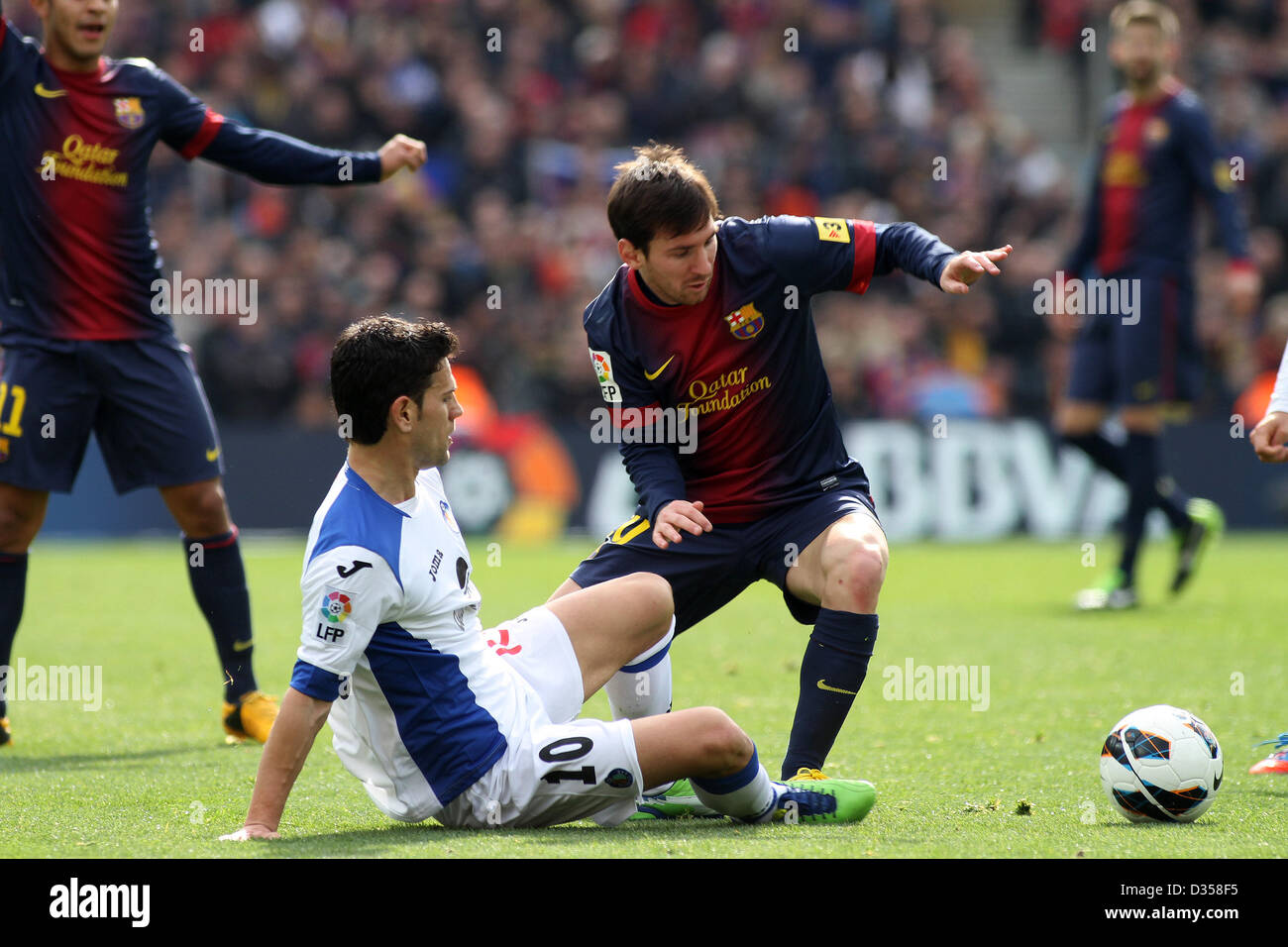 10.02.2013. Barcelone, Espagne.Leo Messi en action pendant le match de la Liga entre Barcelone et Getafe du Nou Camp. Banque D'Images
