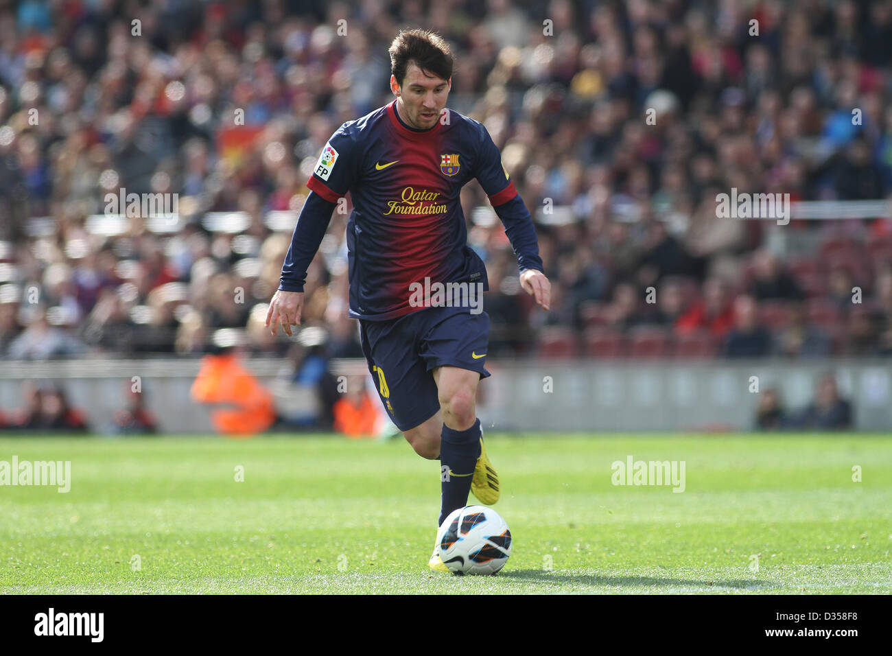 10.02.2013. Barcelone, Espagne. Messi en action pendant le match de la Liga entre Barcelone et Getafe du Nou Camp. Banque D'Images