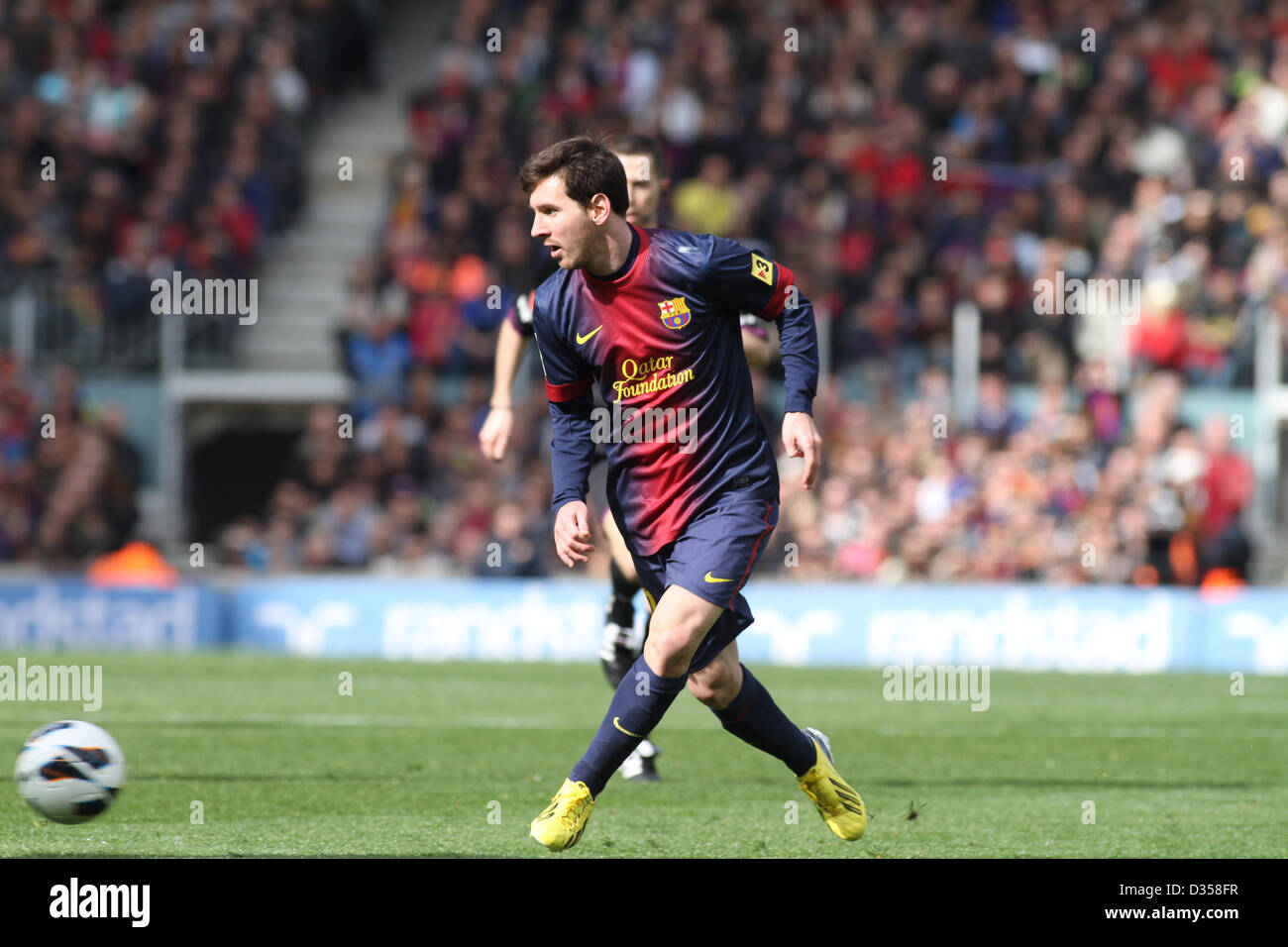 10.02.2013. Barcelone, Espagne. Messi en action pendant le match de la Liga entre Barcelone et Getafe du Nou Camp. Banque D'Images