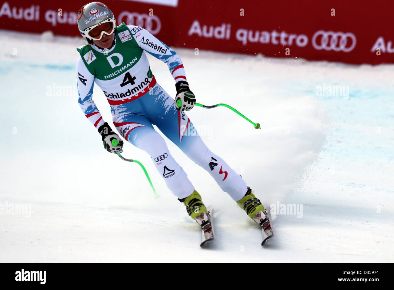 10.02.2013, Schladming, Autriche. Andrea Fischbacher (AUT) en action pendant les Championnats du Monde FIS de Ski Alpin 2013 Banque D'Images