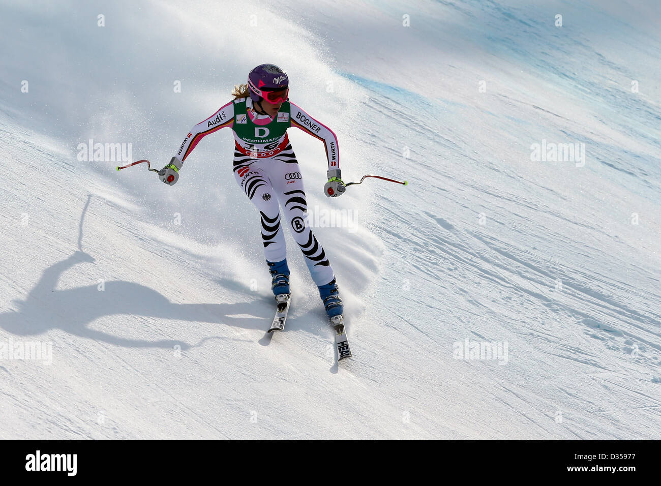 10.02.2013, Schladming, Autriche. Maria Hoefl-Riesch (GER) en action au cours de la descente dames des Championnats du Monde FIS de Ski Alpin 2013 Banque D'Images