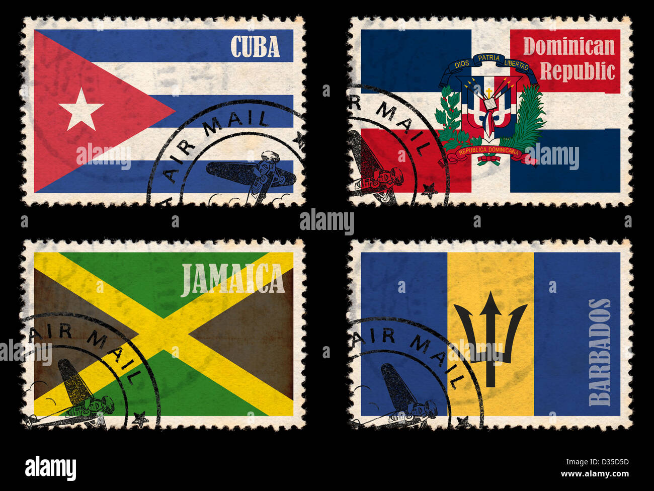 Ensemble de timbres avec des drapeaux de la région des Caraïbes (Jamaïque, Barbade, Cuba, République Dominicaine) Banque D'Images