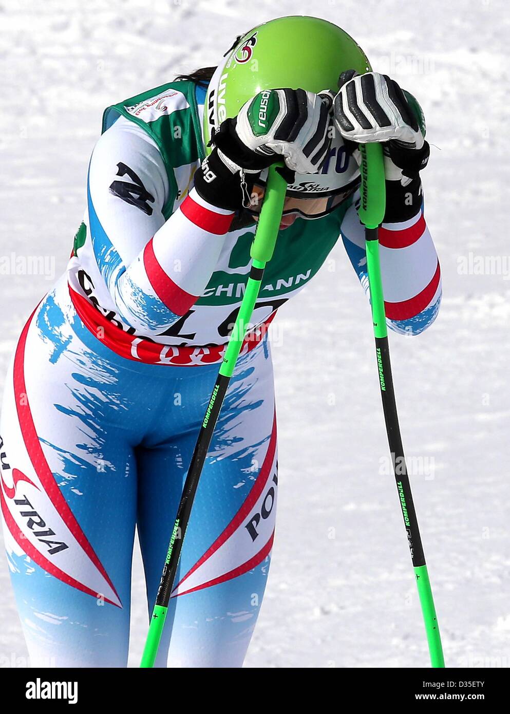 10.02.2013, Schladming, Autriche. Championnats du Monde de Ski Alpin FIS 2013 Downhill pour les femmes photo montre la déception d'Anna Fenninger AUT Banque D'Images