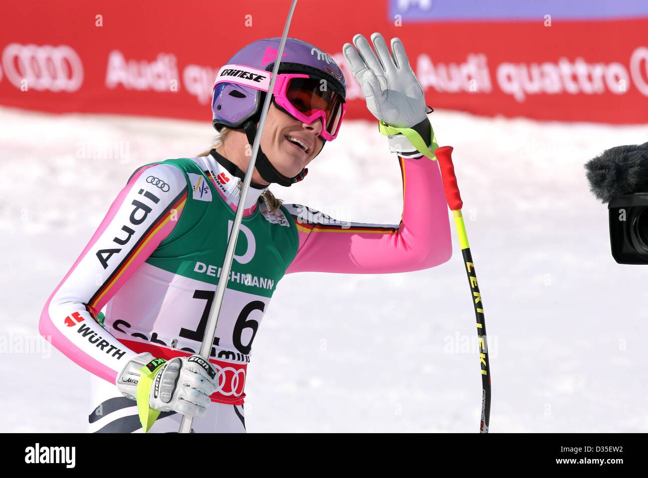 10.02.2013, Schladming, Autriche. Championnats du Monde de Ski Alpin FIS 2013 Downhill pour les femmes photo montre les encouragements de Maria Riesch ger Banque D'Images