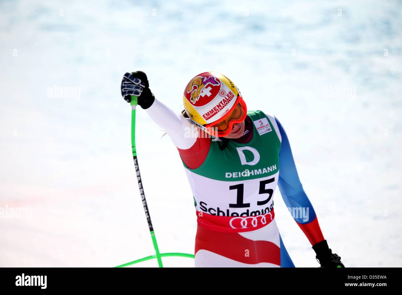 10.02.2013, Schladming, Autriche. Championnats du Monde de Ski Alpin FIS 2013 Downhill pour les femmes photo montre les encouragements de Nadja Kamer SUI Banque D'Images