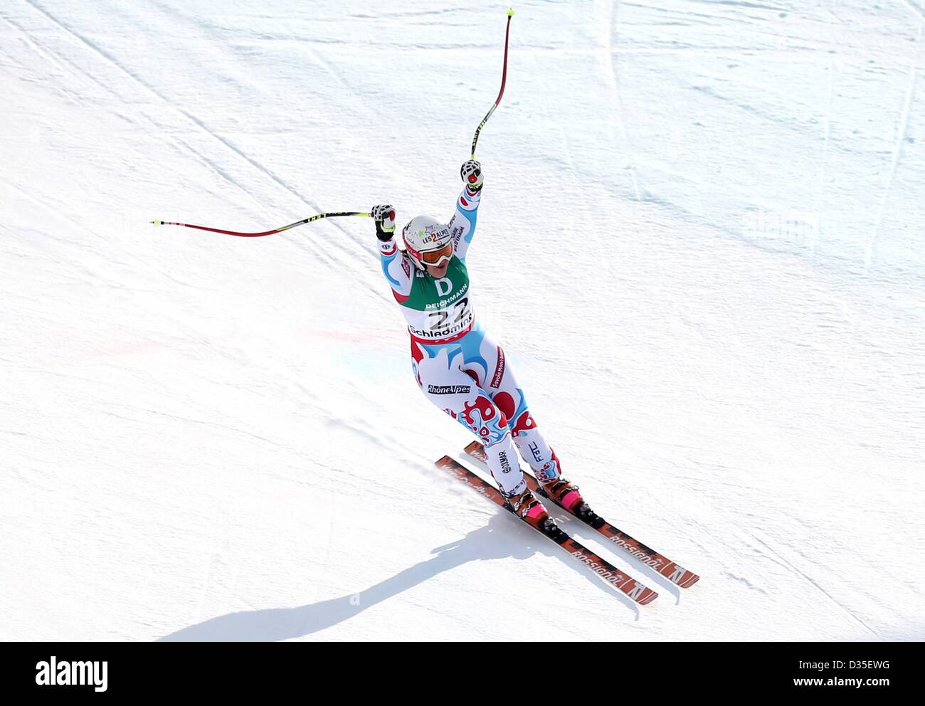 10.02.2013, Schladming, Autriche. Championnats du Monde de Ski Alpin FIS 2013 Downhill pour les femmes photo montre les encouragements de Marion Rolland FRA Banque D'Images