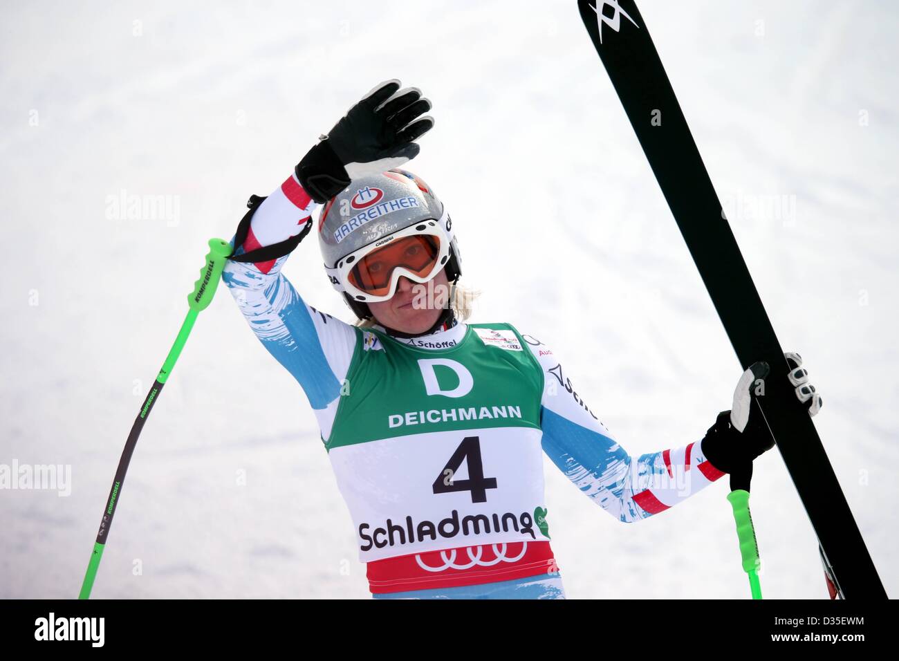 10.02.2013, Schladming, Autriche. Championnats du Monde de Ski Alpin FIS 2013 Downhill pour les femmes photo montre Andrea Fischbacher AUT Banque D'Images