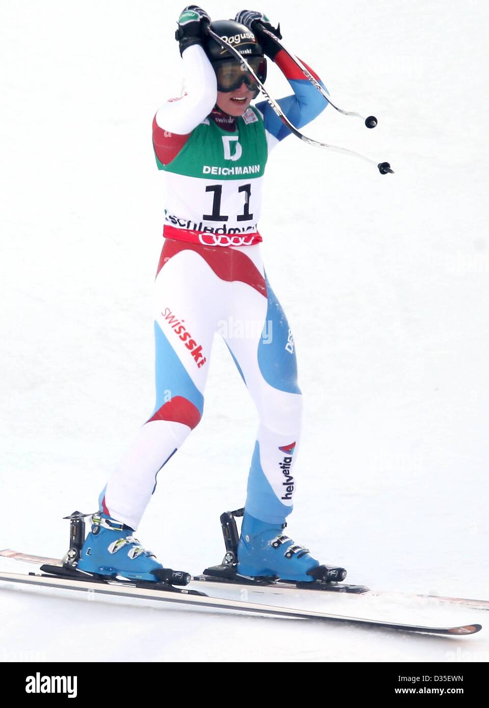 10.02.2013, Schladming, Autriche. Championnats du Monde de Ski Alpin FIS 2013 Downhill pour les femmes photo montre la déception de Lara Gut SUI Banque D'Images