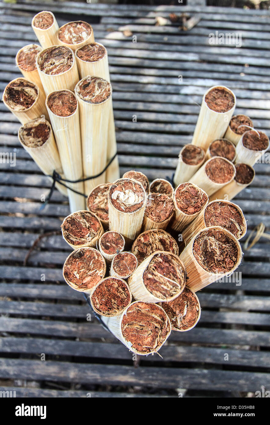Doux, riz gluant est combiné avec les haricots rouges et scellés dans des tubes de bambou qui sont recouvertes d'écorces de noix de coco au Cambodge Banque D'Images