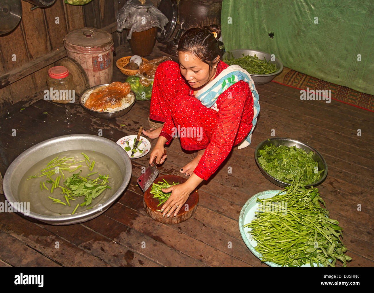 Jeune femme prépare des tiges de morning glory et épinards pour le dîner sur l'île de Koh Trong au Mékong de Kratie, au Cambodge Banque D'Images