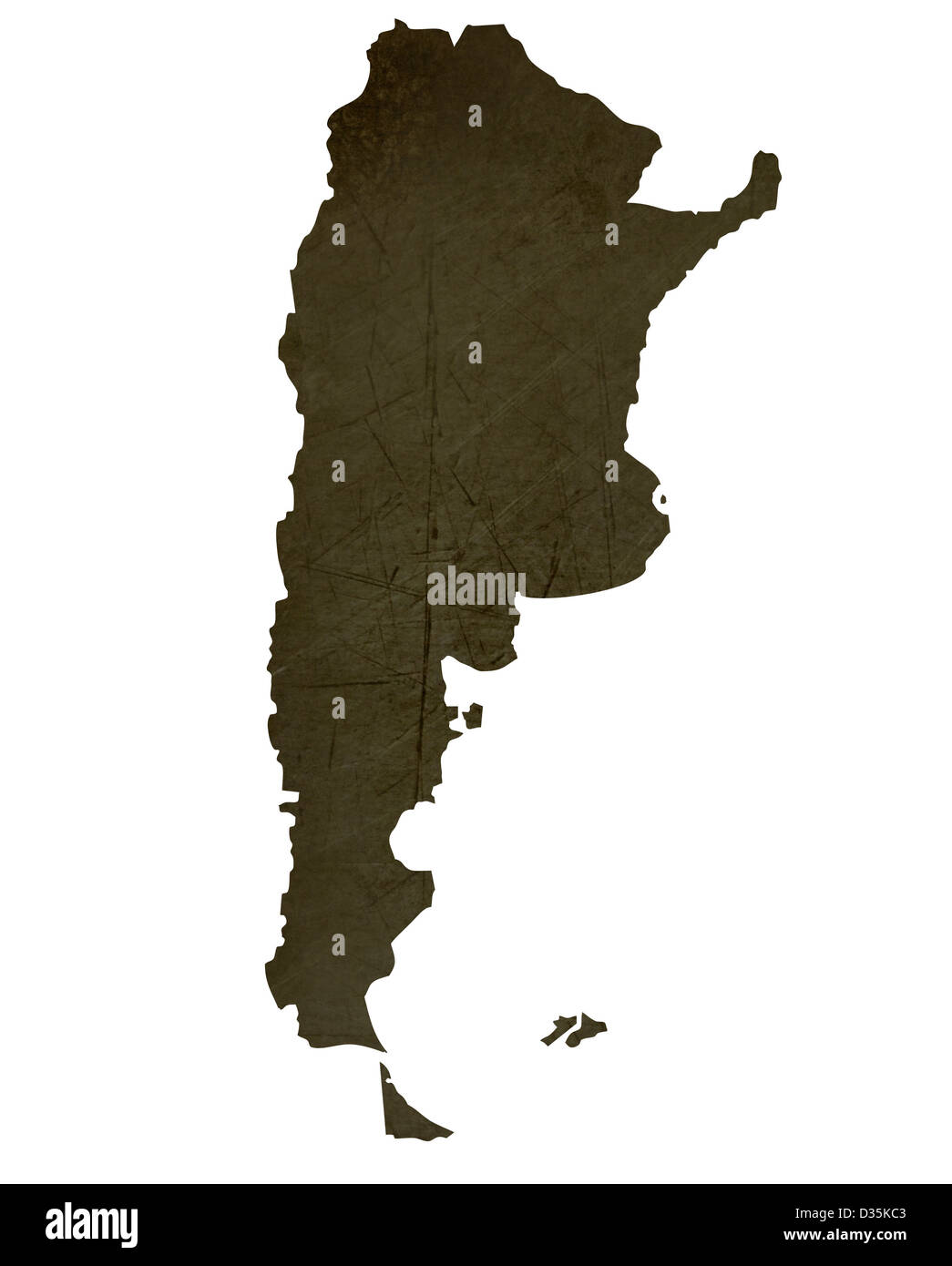 La silhouette sombre de l'Argentine carte texturée et isolé sur fond blanc. Banque D'Images