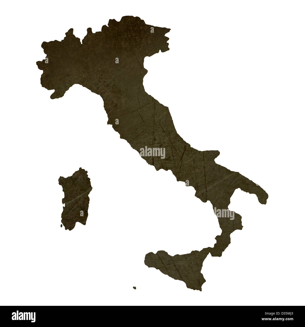 La silhouette sombre et de l'Italie carte texturée isolé sur fond blanc. Banque D'Images