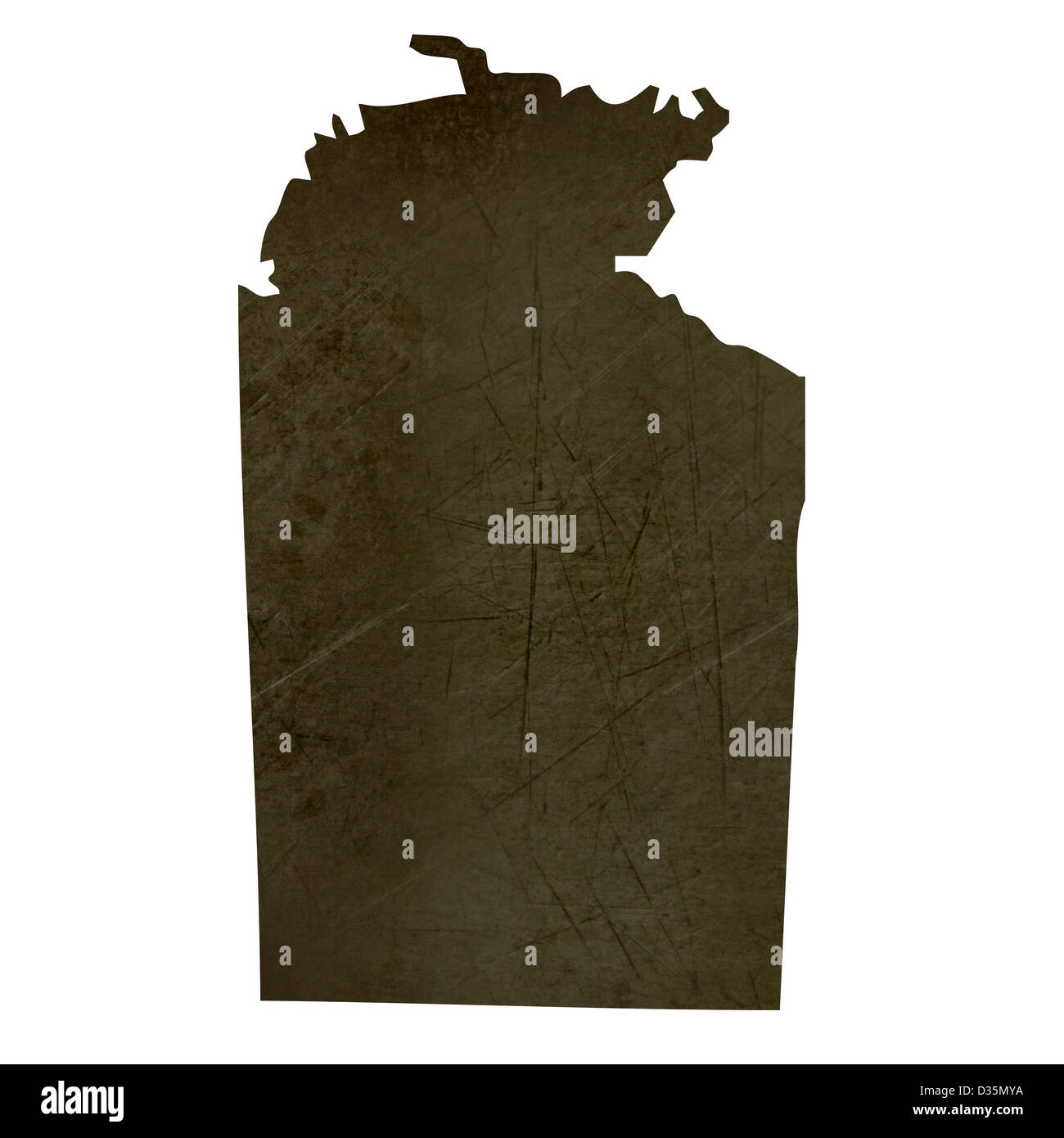 La silhouette sombre et texturées plan de Territoire du Nord de l'Australie province isolé sur fond blanc. Banque D'Images