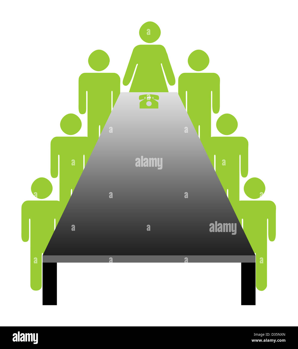 Illustration conceptuelle de femmes ou une femme patron dans la salle de réunion avec des collègues masculins s'assit à table. Banque D'Images