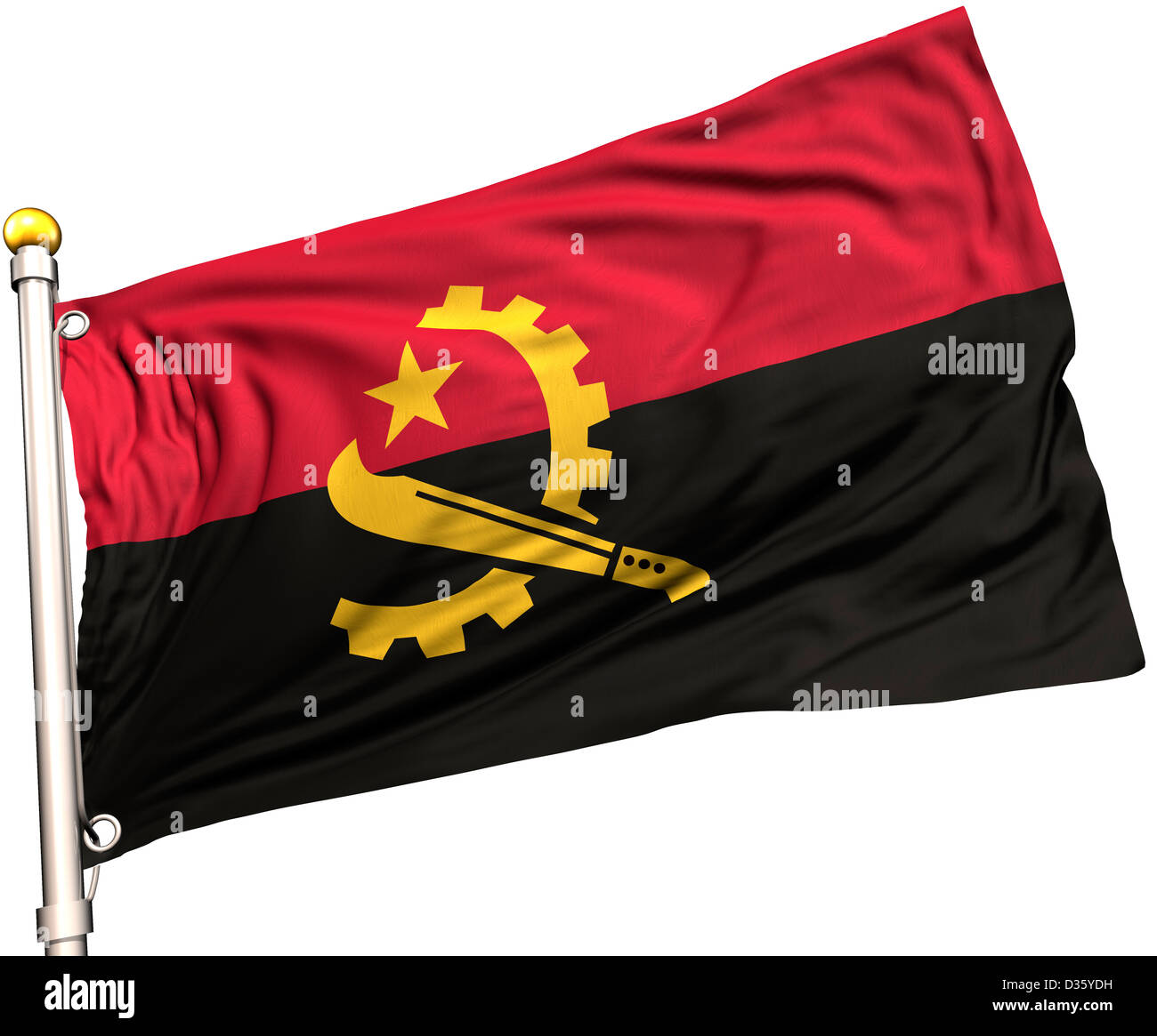 Angola drapeau sur un mât. Chemin de détourage inclus. La texture de la soie visible sur le drapeau à 100  %. Banque D'Images