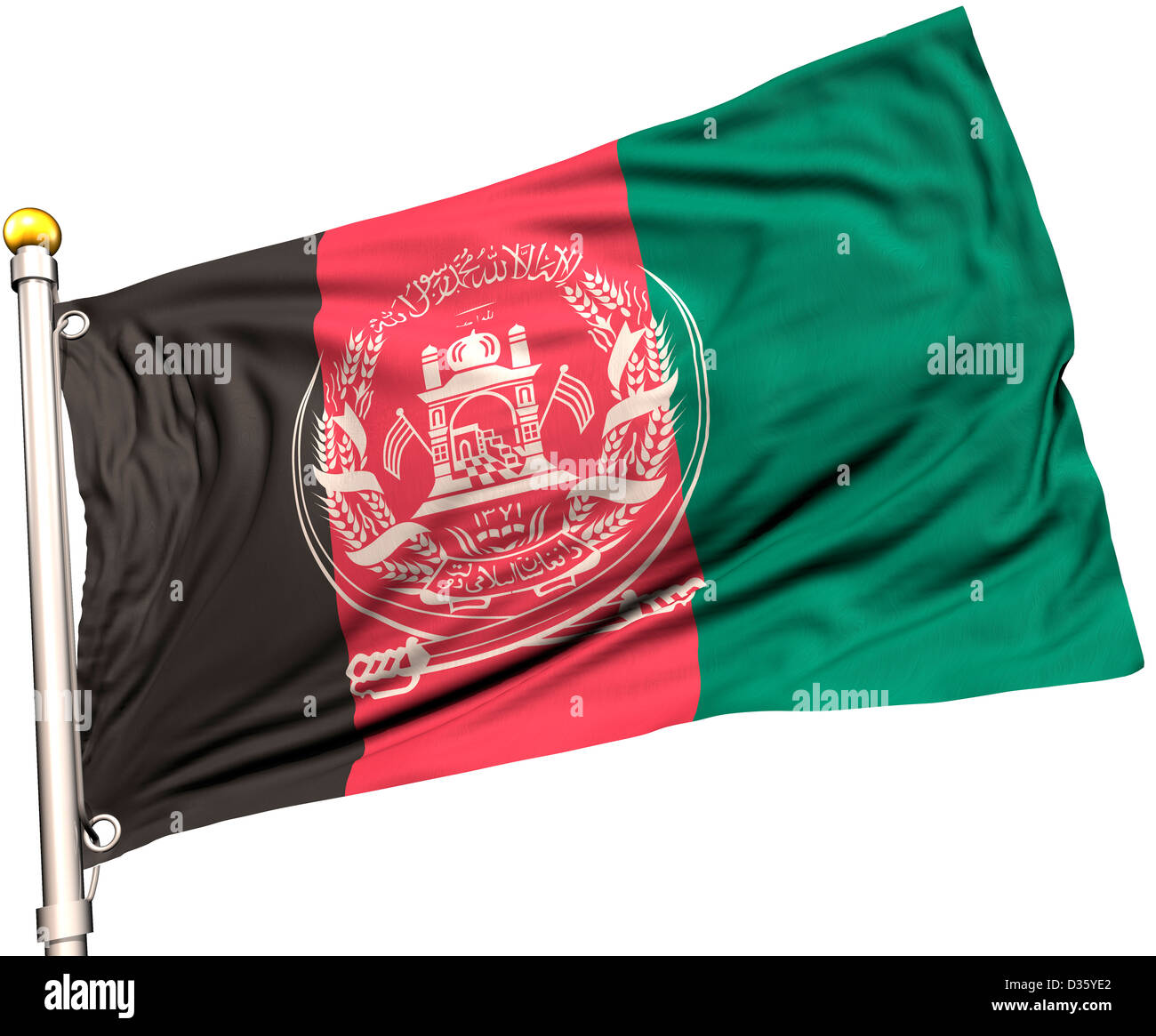 Afghanistan drapeau sur un mât. Chemin de détourage inclus. La texture de la soie visible sur le drapeau à 100  %. Banque D'Images