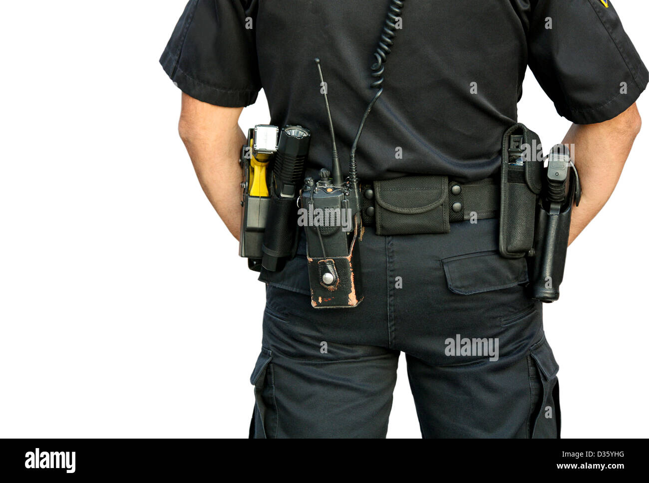 Arrière d'un agent de police de porter la ceinture de sécurité des armes à feu isolés. Banque D'Images