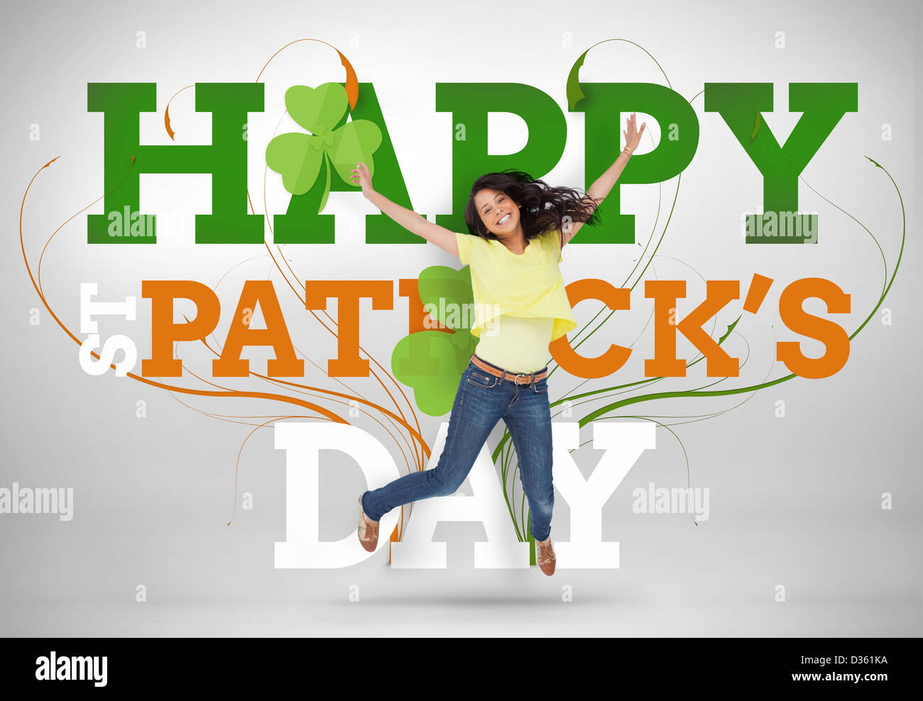 St Patricks day message avec jumping girl Banque D'Images