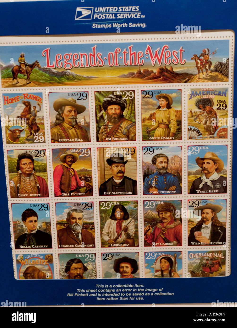 Légendes de l'Ouest feuille de timbres de collection Banque D'Images