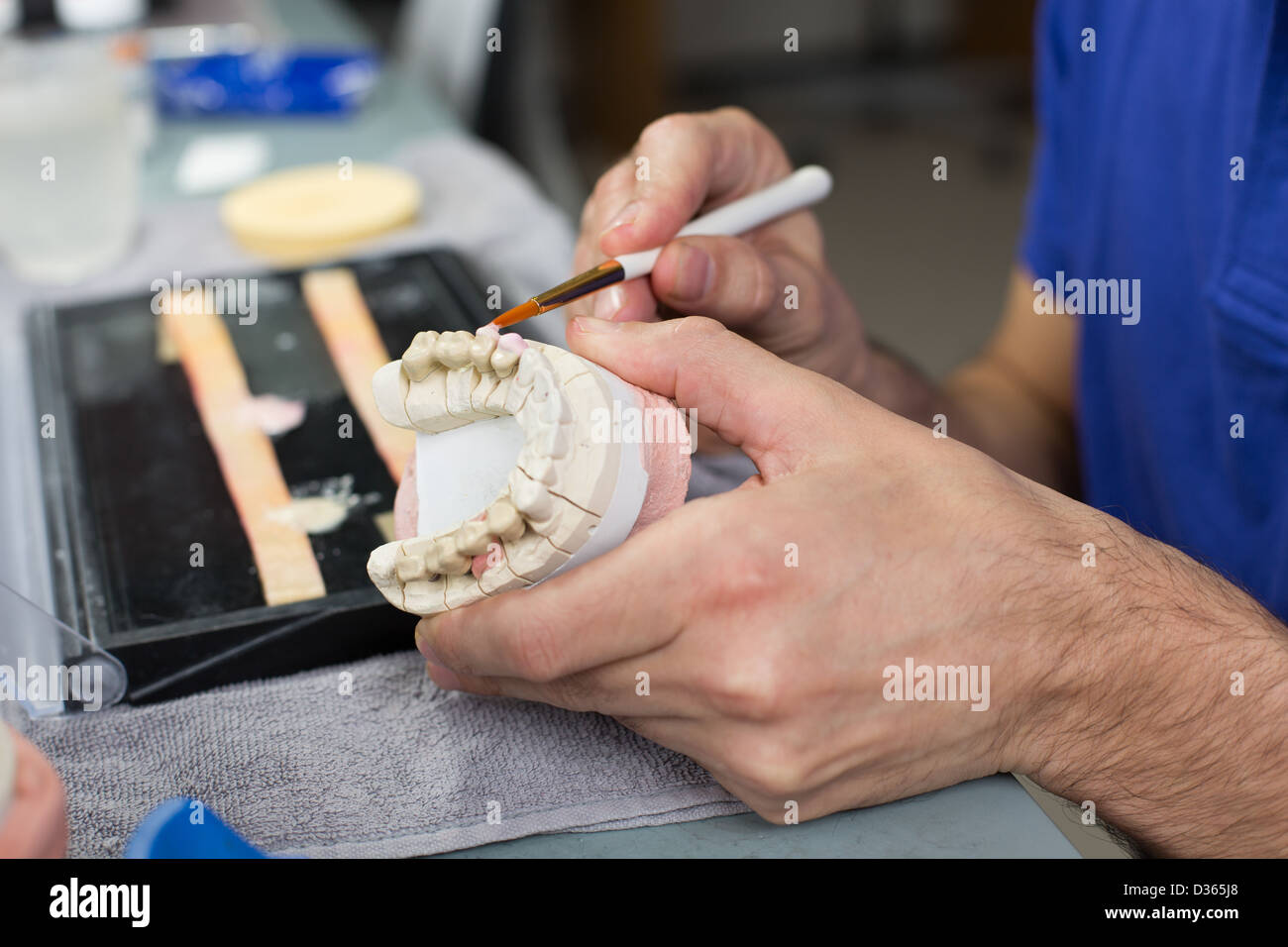 Libre d'un technicien dentaire appliquer à un moule en porcelaine de la dentition dans un laboratoire Banque D'Images