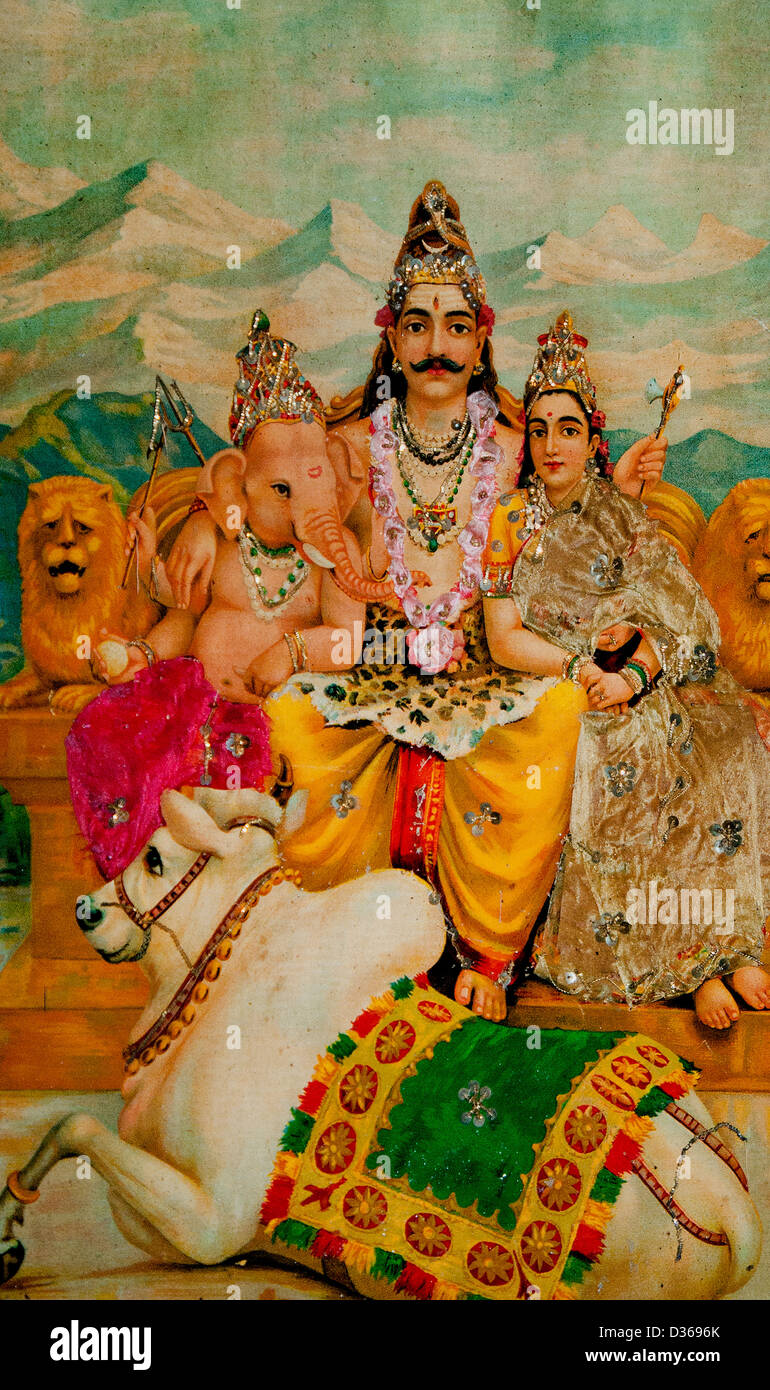 Shiva et famille avec Ganesha la vache sacrée de l'Inde hindoue Lion Banque D'Images