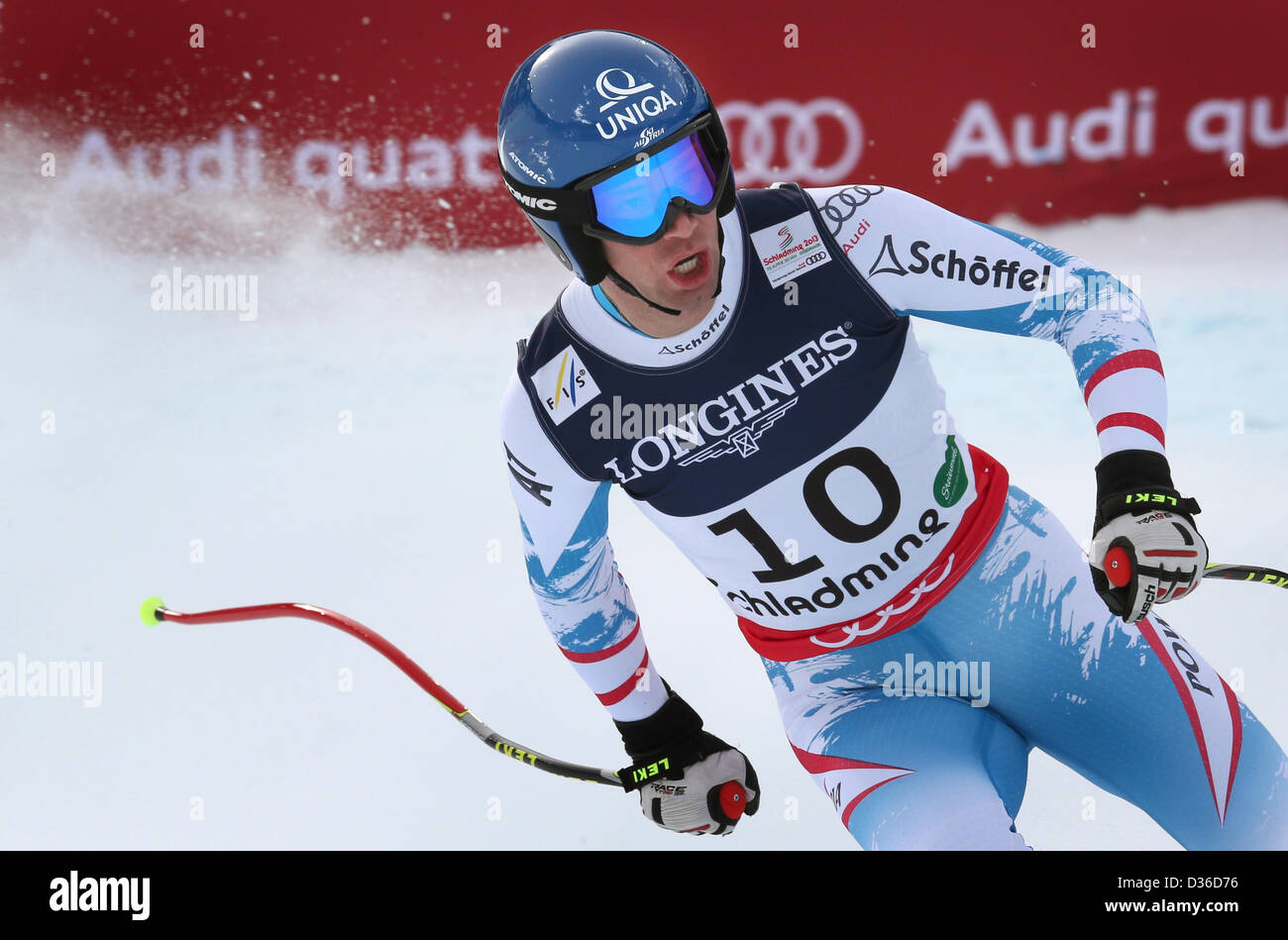 Schladming, Autriche. 11 février 2013. Benjamin Raich de l'Autriche réagit au cours de la Men's super-combiné à la descente des Championnats du Monde de Ski Alpin à Schladming, Autriche, 11 février 2013. Photo : Karl-Josef Opim/dpa  + + +(c) afp - Bildfunk + + +/Alamy Live News. Dpa de crédit/Alamy Live News Banque D'Images