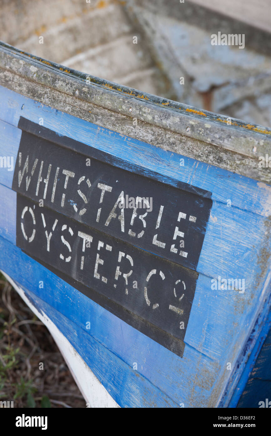 Whitstable Oyster Co signe sur bateau, Whitstable, Kent, Angleterre Banque D'Images