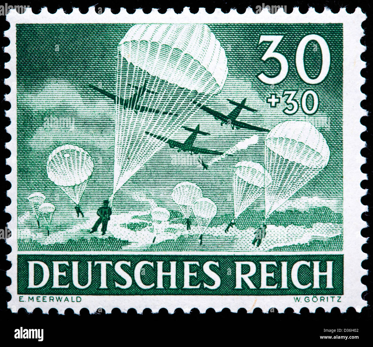 Parachutistes, timbre-poste, Allemagne, 1943 Banque D'Images