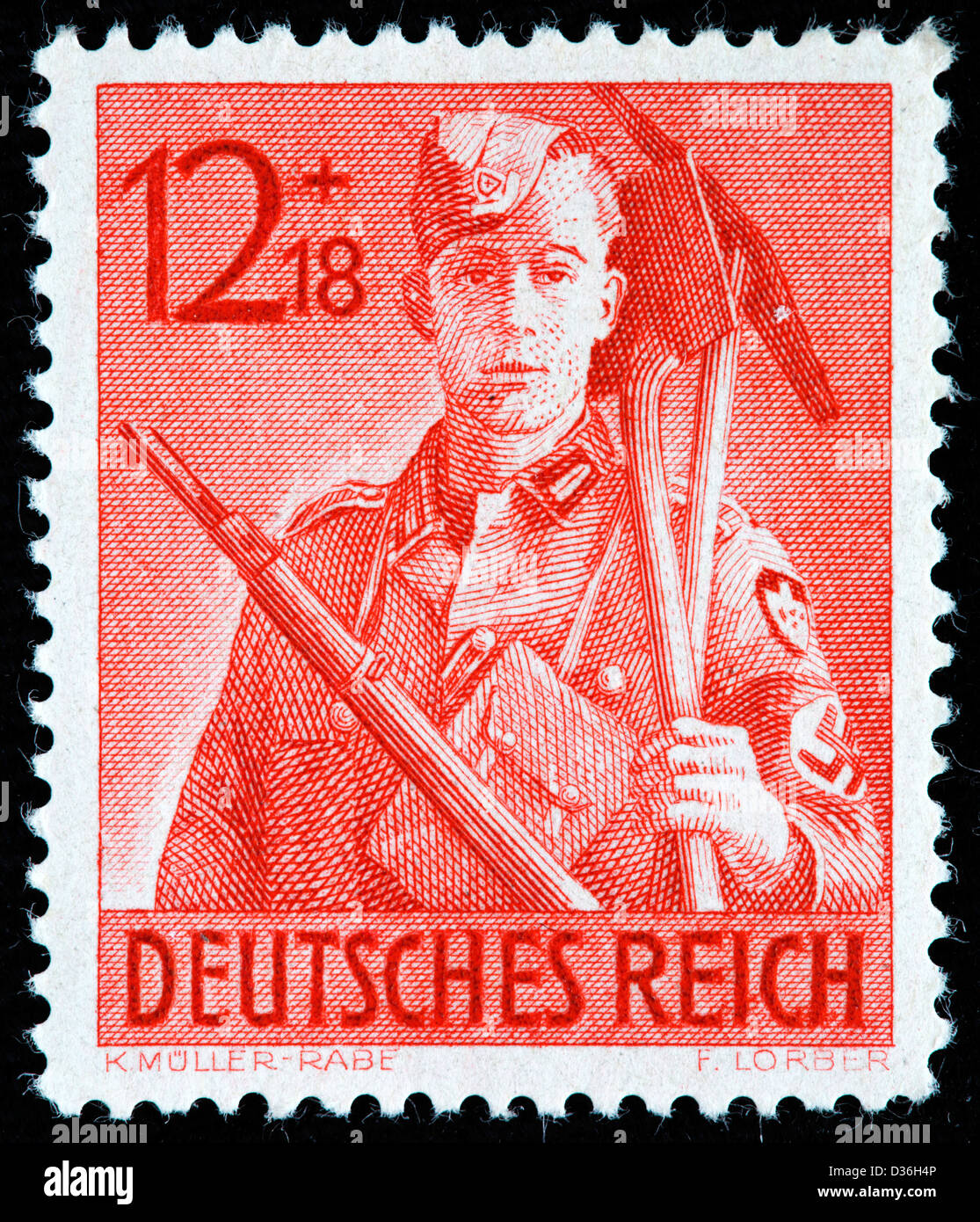Corpsman avec des outils, du Service du travail du Reich Corpsmen, timbre-poste, Allemagne, 1943 Banque D'Images