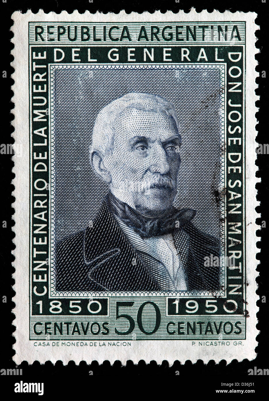 Général José de San Martin, timbre-poste, l'Argentine, 1950 Banque D'Images