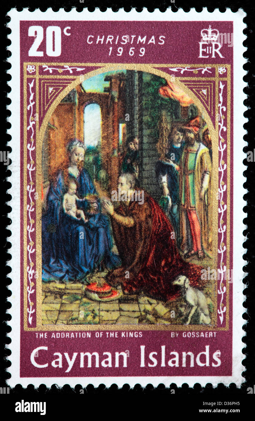 Adoration des Rois par Gossaert, Noël, timbre-poste, les îles Caïmans, 1969 Banque D'Images