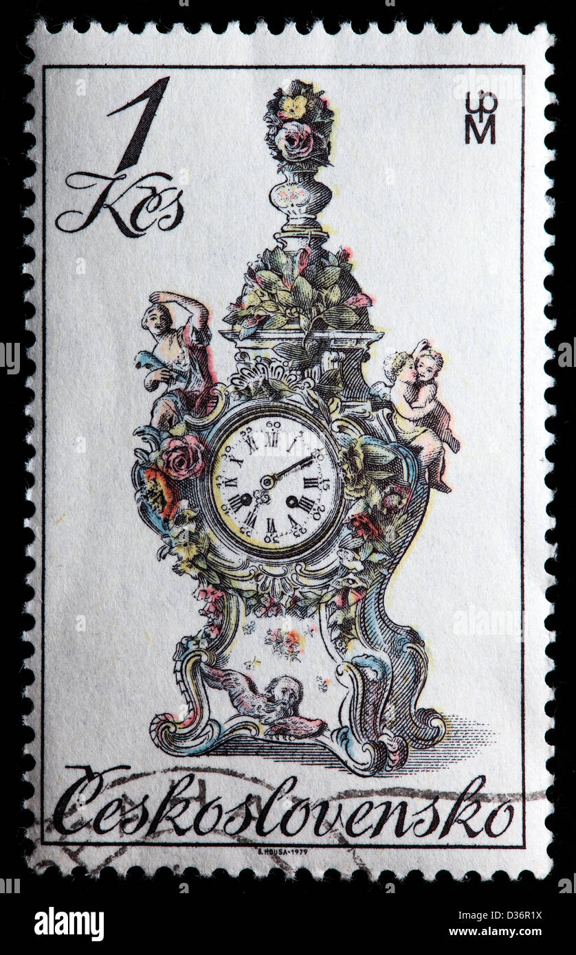 L'horloge du 18ème siècle, timbre-poste, la Tchécoslovaquie, 1979 Banque D'Images