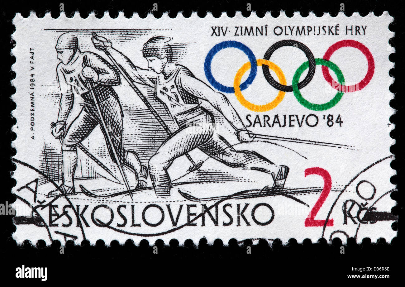 Jeux Olympiques d'hiver de Sarajevo, timbre-poste, la Tchécoslovaquie, 1984 Banque D'Images