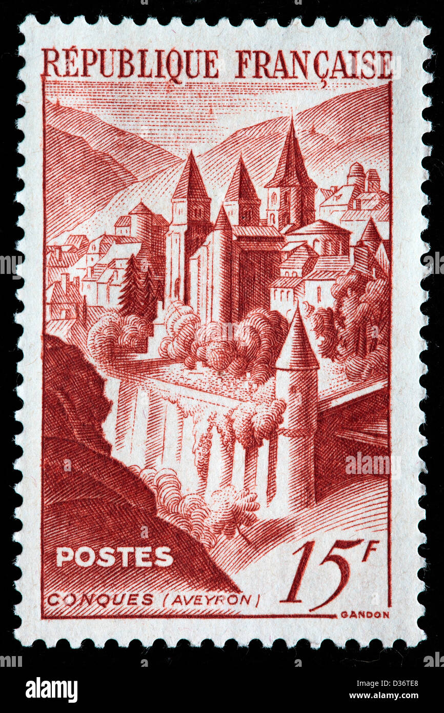 Avis de Conques, timbre-poste, France, 1947 Banque D'Images