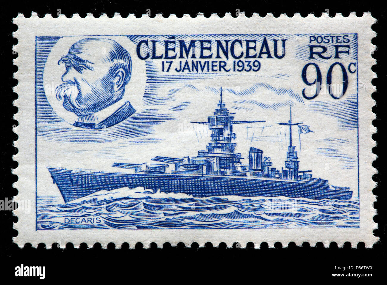 Georges Clemenceau et cuirassé, timbre-poste, France, 1939 Banque D'Images