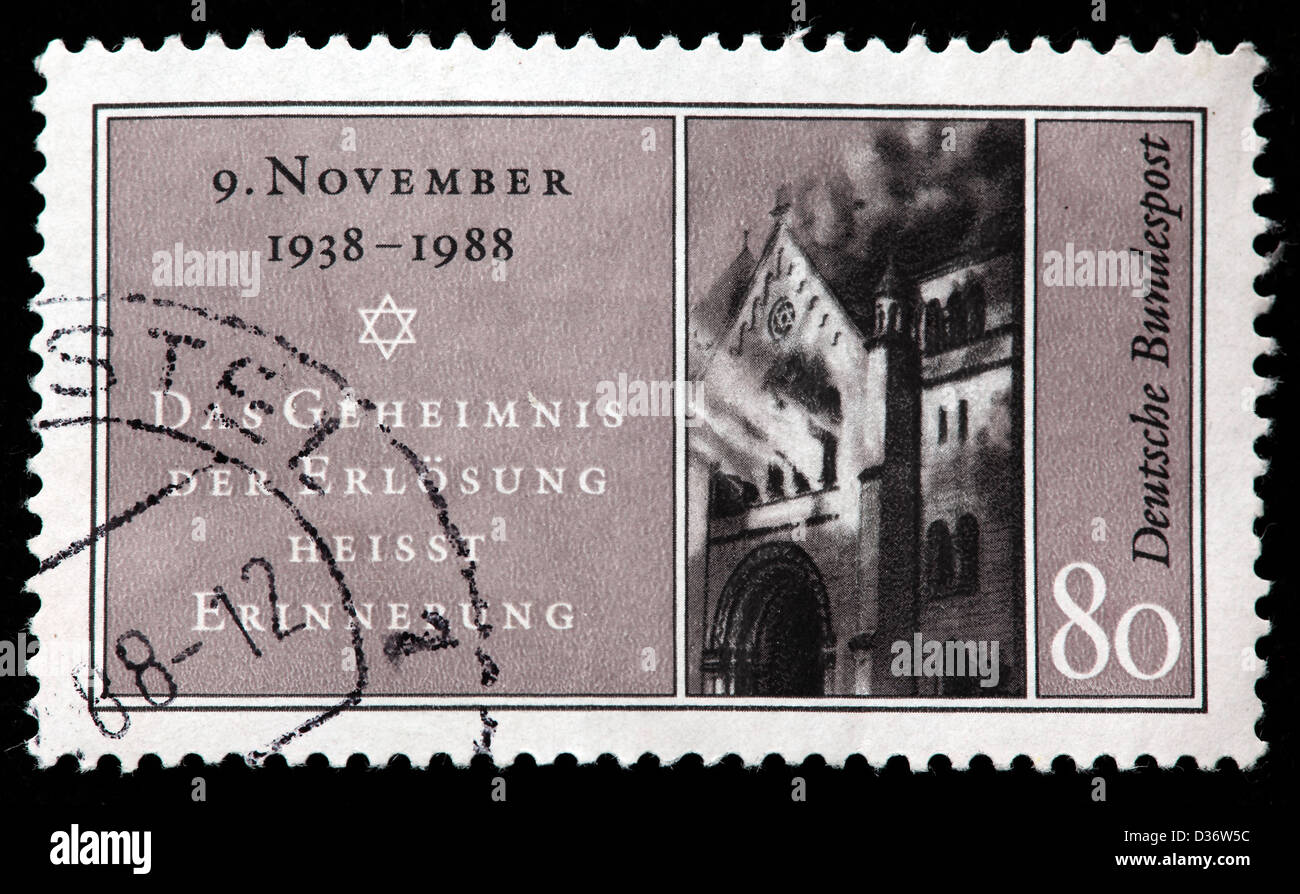 Pogrom Nazi, 1938, gravure synagogue à Baden-Baden, timbre-poste, Allemagne, 1988 Banque D'Images