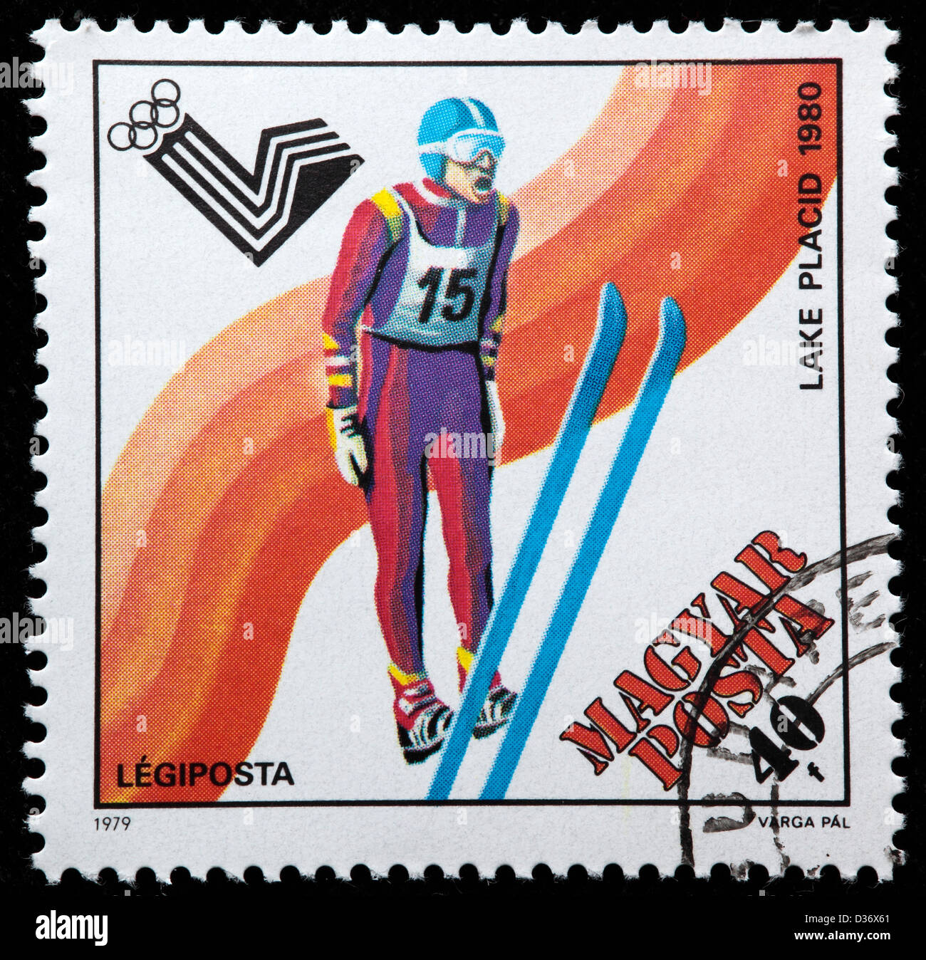 , Saut à ski, les Jeux Olympiques d'hiver de Lake Placid, timbre-poste, Hongrie, 1979 Banque D'Images