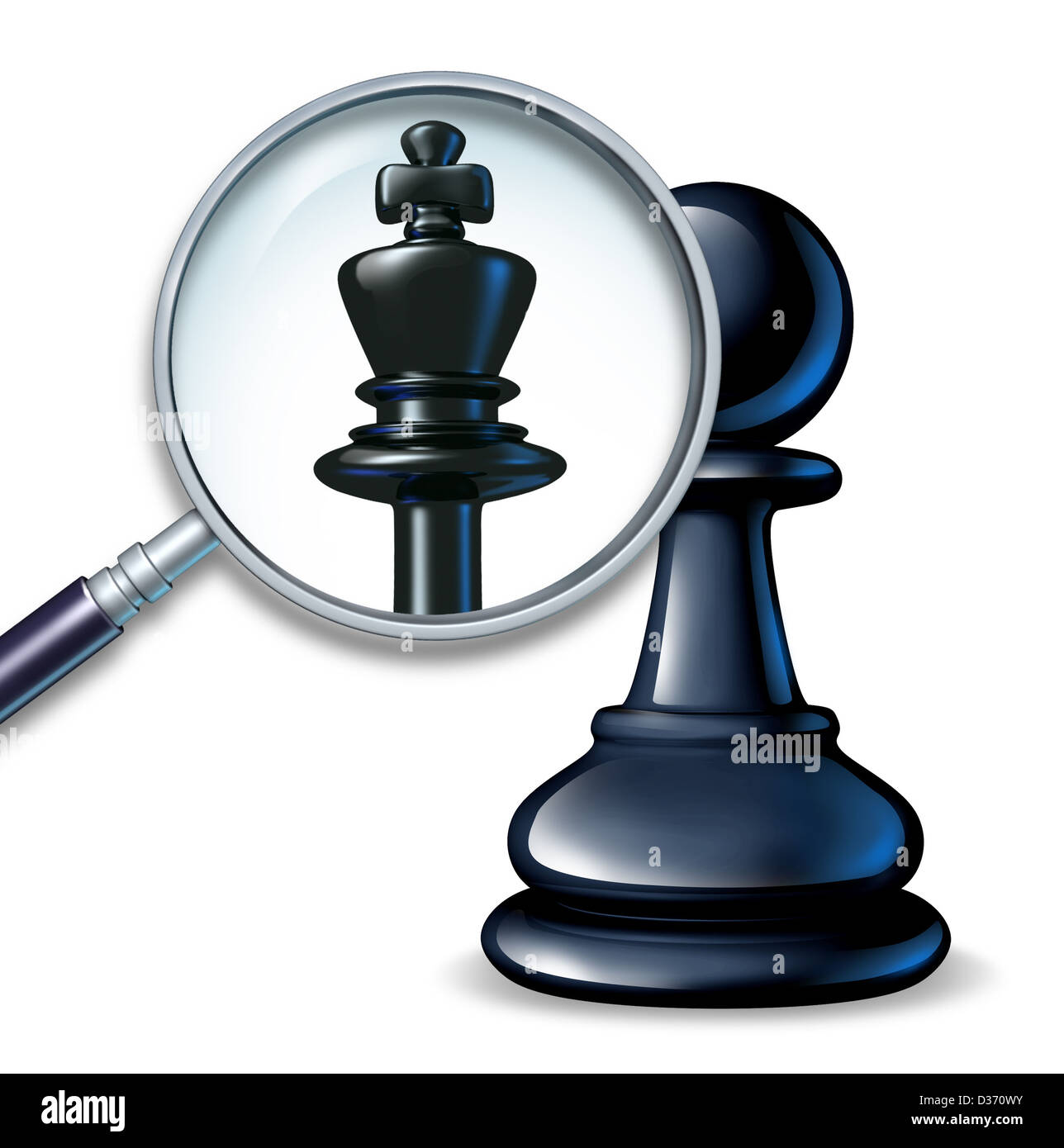 Futur chef d'entreprise avec un jeu d'échecs pion et une loupe montrant un changement à un roi figure comme symbole d'un Banque D'Images