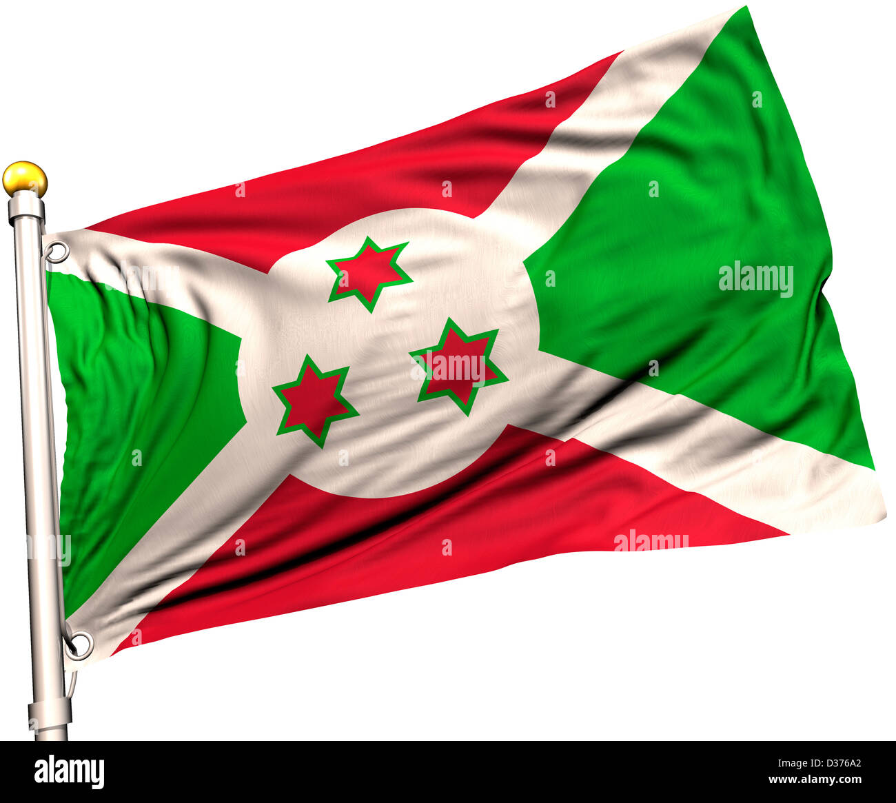 Burundi drapeau sur un mât. Chemin de détourage inclus. La texture de la soie visible sur le drapeau à 100  %. Banque D'Images