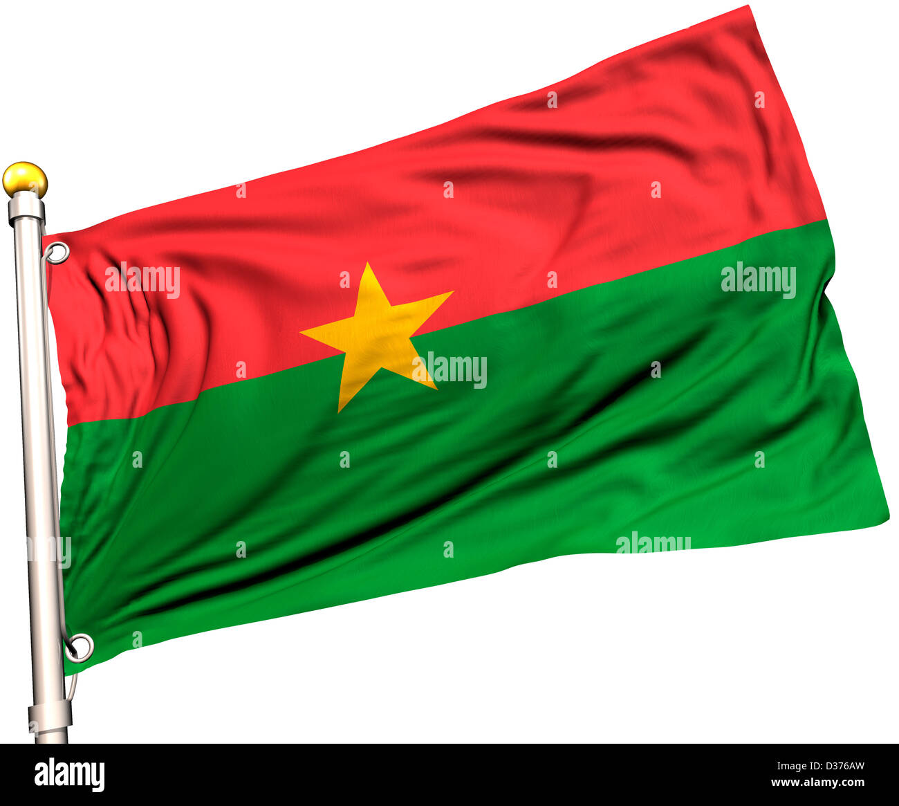 Burkina Faso drapeau sur un mât. Chemin de détourage inclus. La texture de la soie visible sur le drapeau à 100  %. Banque D'Images