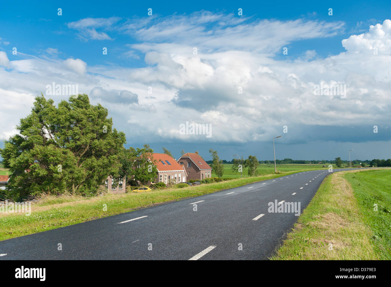 La route sur une digue dans un paysage de polders typiquement hollandais Banque D'Images