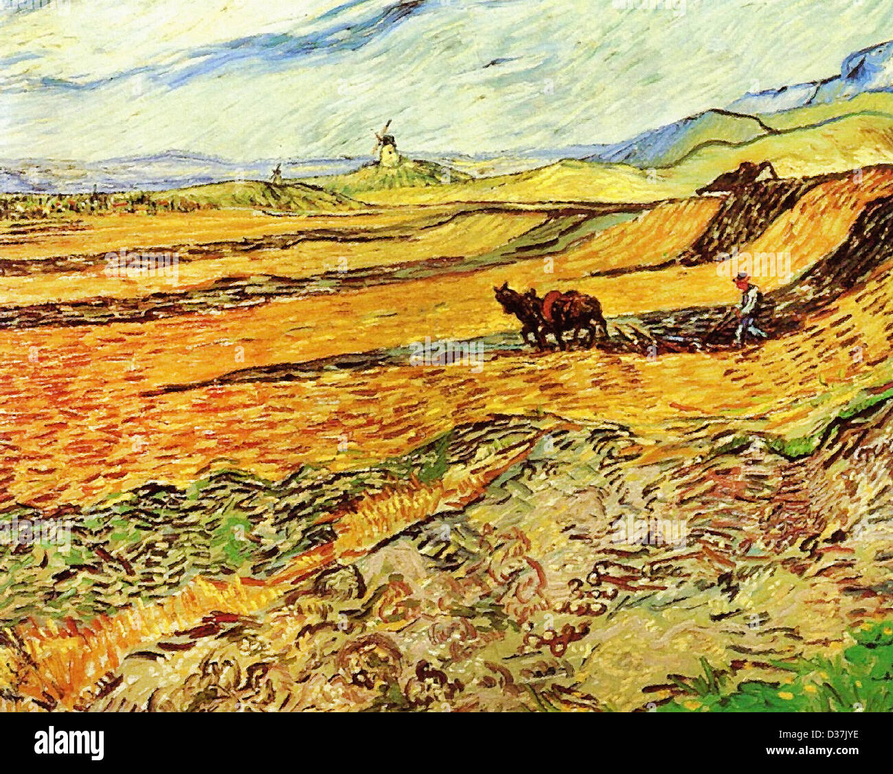 Vincent van Gogh, Champ et Plowman et Mill. 1889. Le postimpressionnisme. Huile sur toile. Lieu de création : Saint-Rémy-Blanzy Banque D'Images