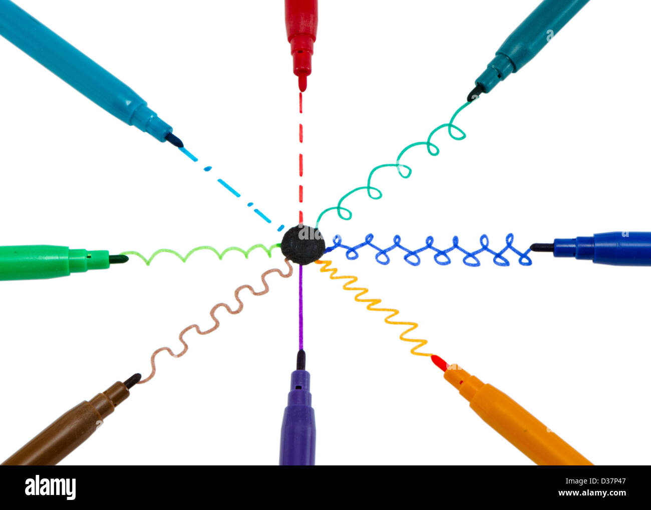 Point noir au centre et la courbe des lignes peintes avec tirage feutres colorés Banque D'Images