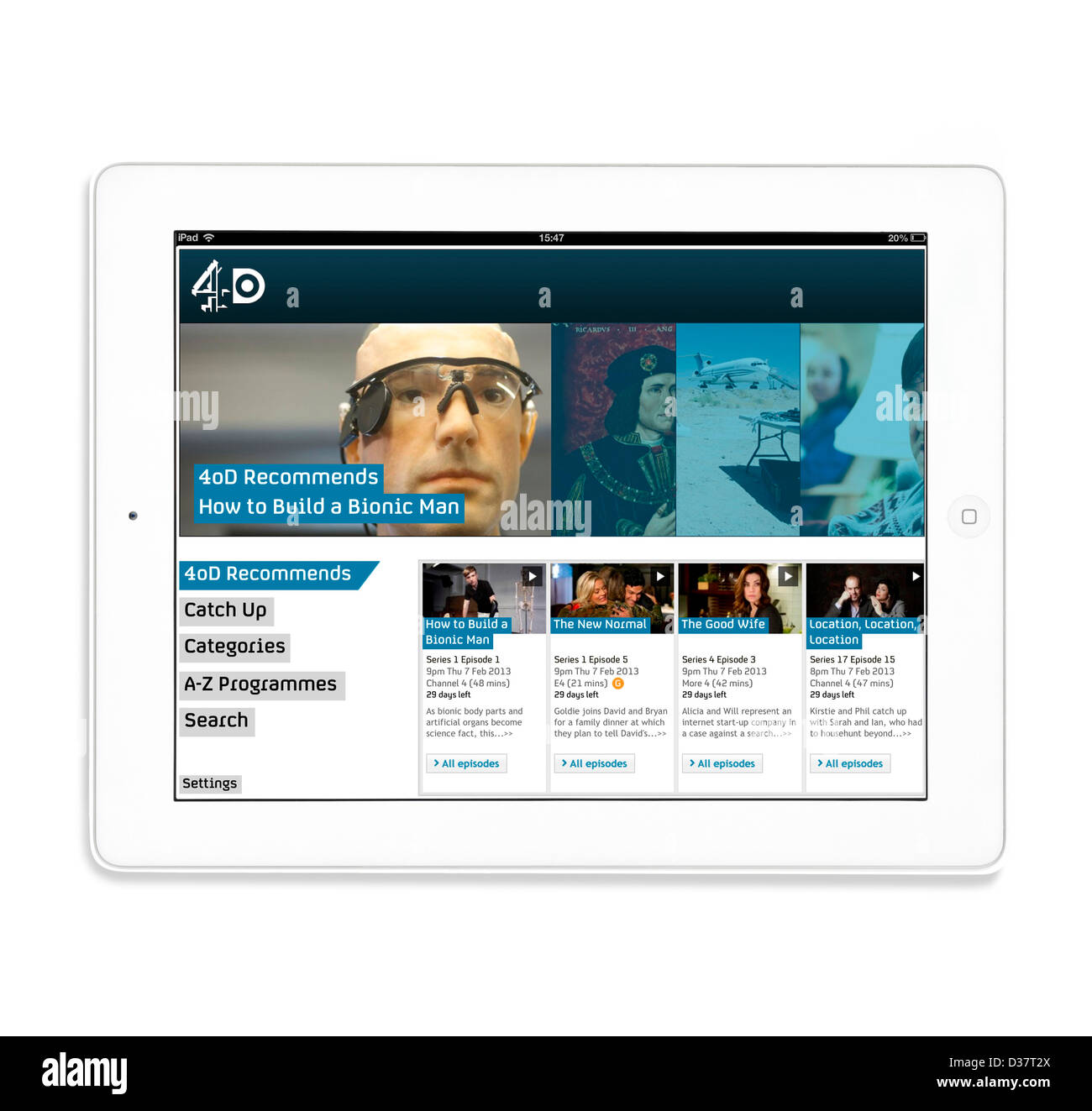 Browsing 4OD, le UK Channel 4 service de streaming à la demande, sur une 4ème génération d'Apple iPad, UK Banque D'Images
